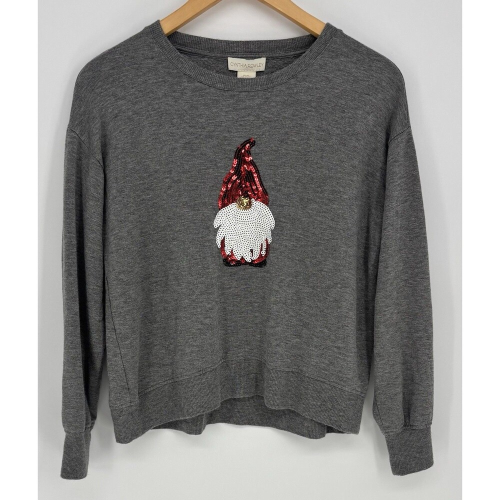 Cynthia Rowley Womens XS Gray Sequin Gnome Christmas Sweatshirt Holiday Pullover